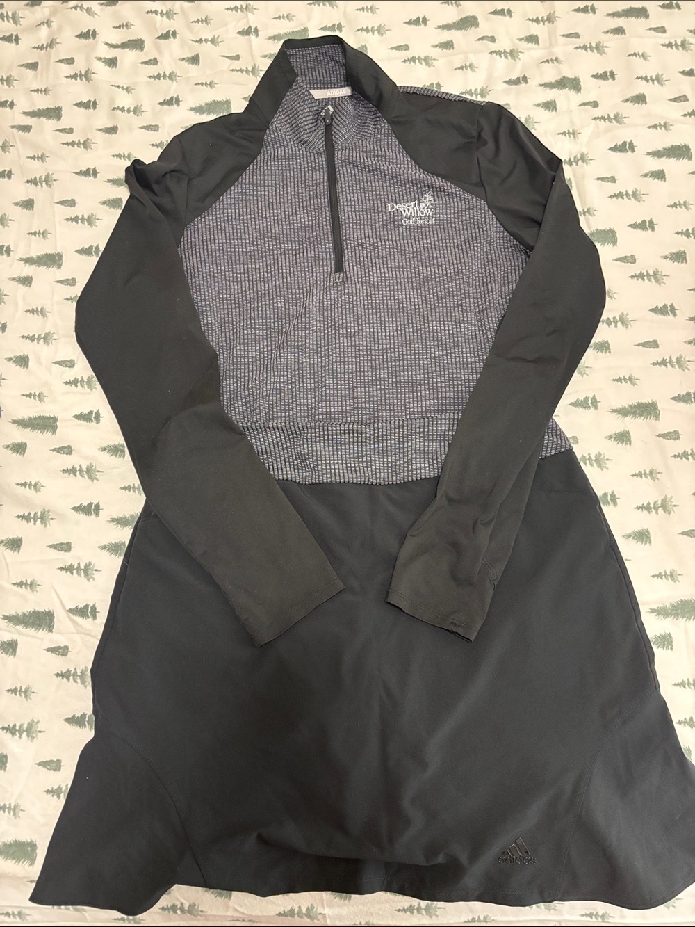 adidas Black golf Skort and golf long sleeve shirt with Gray Ribbed pattern.